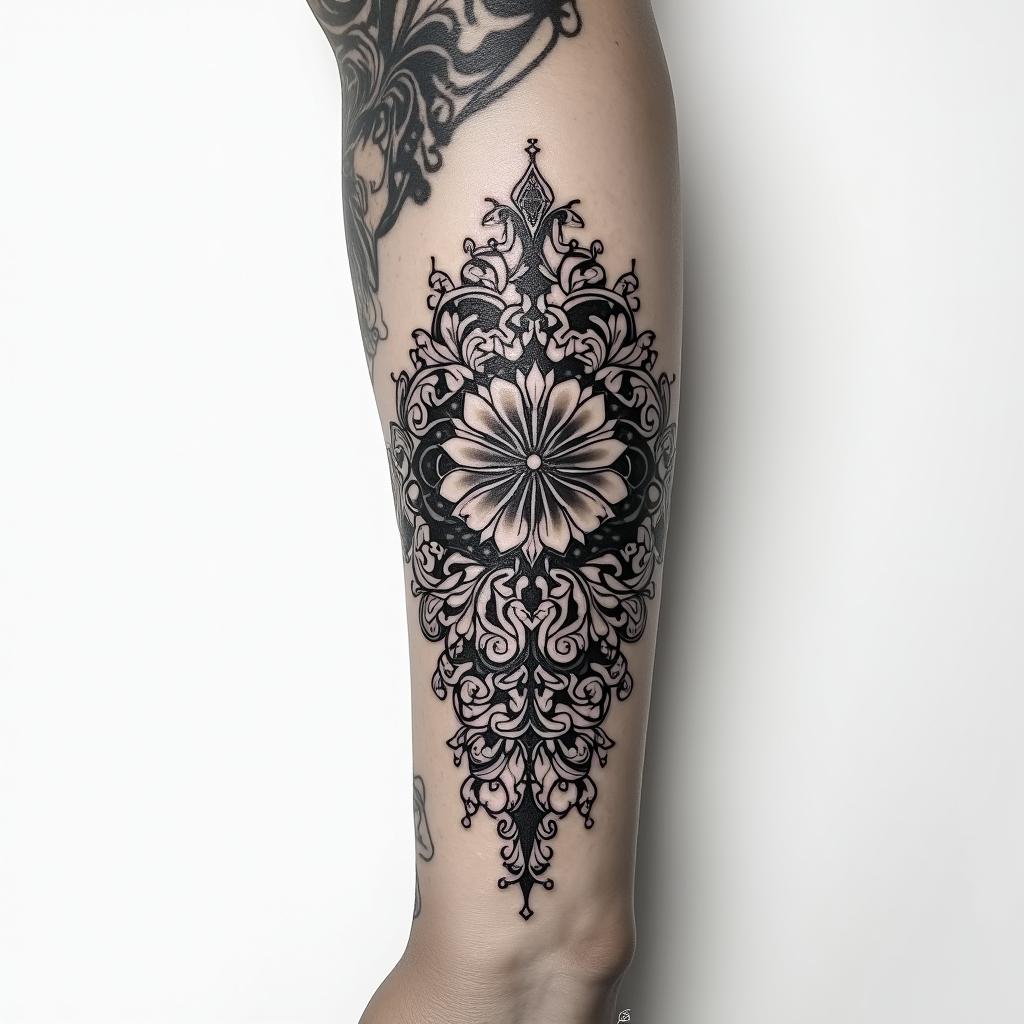 Tattoo sleevein ornamental tattoo style, featuring intricate symmetrical patterns and floral designs, showcasing highly detailed line work and geometric shapes, creating a sense of elegance and balance