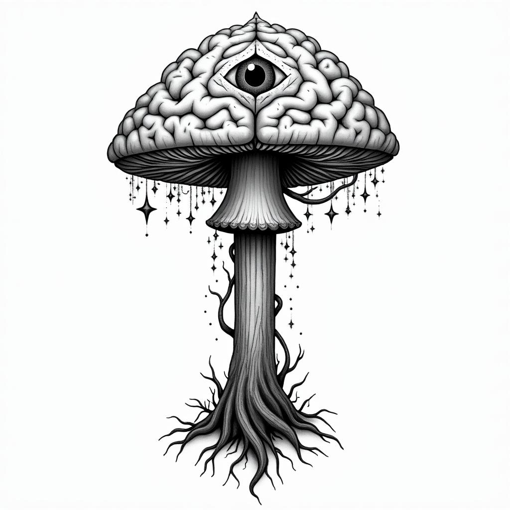 Magic mushroom tree with a brain with one in in the centre of the brainin spiritual symbols tattoo style, featuring an intricate design incorporating elements, Hamsa hand, third eye, minimalist composition - Variation 4