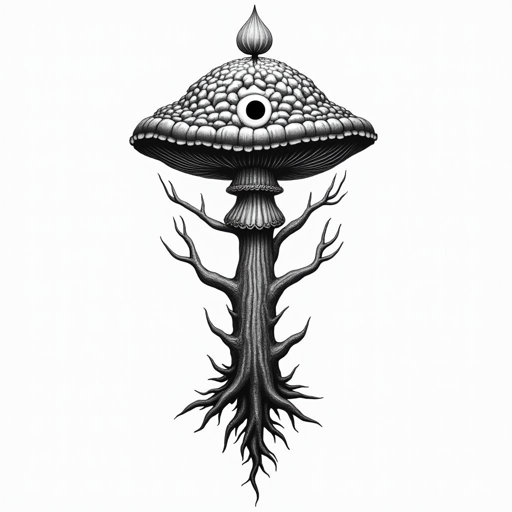 Magic mushroom tree with a brain with one in in the centre of the brainin spiritual symbols tattoo style, featuring an intricate design incorporating elements, Hamsa hand, third eye, minimalist composition