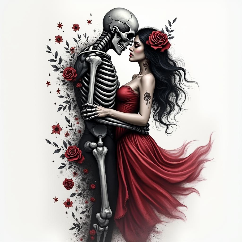 A realistic black and gray sleeve tattoo depicting a skeleton slow dancing with a dark-haired woman in a dark red/burgundy dress, emphasizing a "dancing with the devil" theme. The design is masculine and rustic, featuring additional symbols like skulls, roses, and stars to enhance the theme. The overall aesthetic is dark and atmospheric, conveying a sense of mystery and romance.higly detailed tattoo - Variation 4