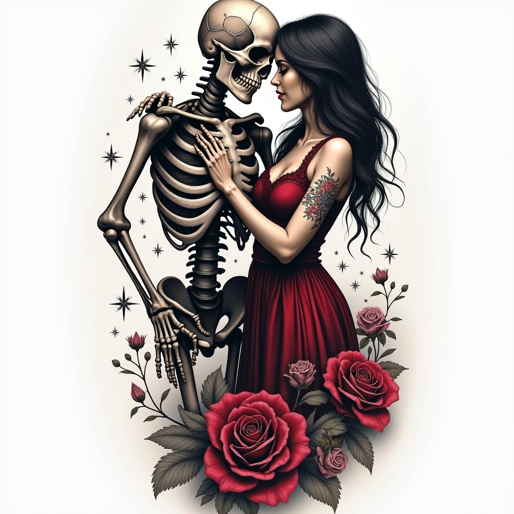 A realistic black and gray sleeve tattoo depicting a skeleton slow dancing with a dark-haired woman in a dark red/burgundy dress, emphasizing a "dancing with the devil" theme. The design is masculine and rustic, featuring additional symbols like skulls, roses, and stars to enhance the theme. The overall aesthetic is dark and atmospheric, conveying a sense of mystery and romance.higly detailed tattoo - Variation 2