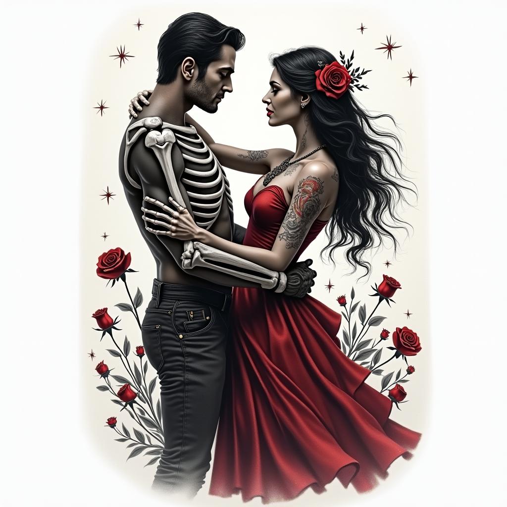 A realistic black and gray sleeve tattoo depicting a skeleton slow dancing with a dark-haired woman in a dark red/burgundy dress, emphasizing a "dancing with the devil" theme. The design is masculine and rustic, featuring additional symbols like skulls, roses, and stars to enhance the theme. The overall aesthetic is dark and atmospheric, conveying a sense of mystery and romance.higly detailed tattoo - Variation 3