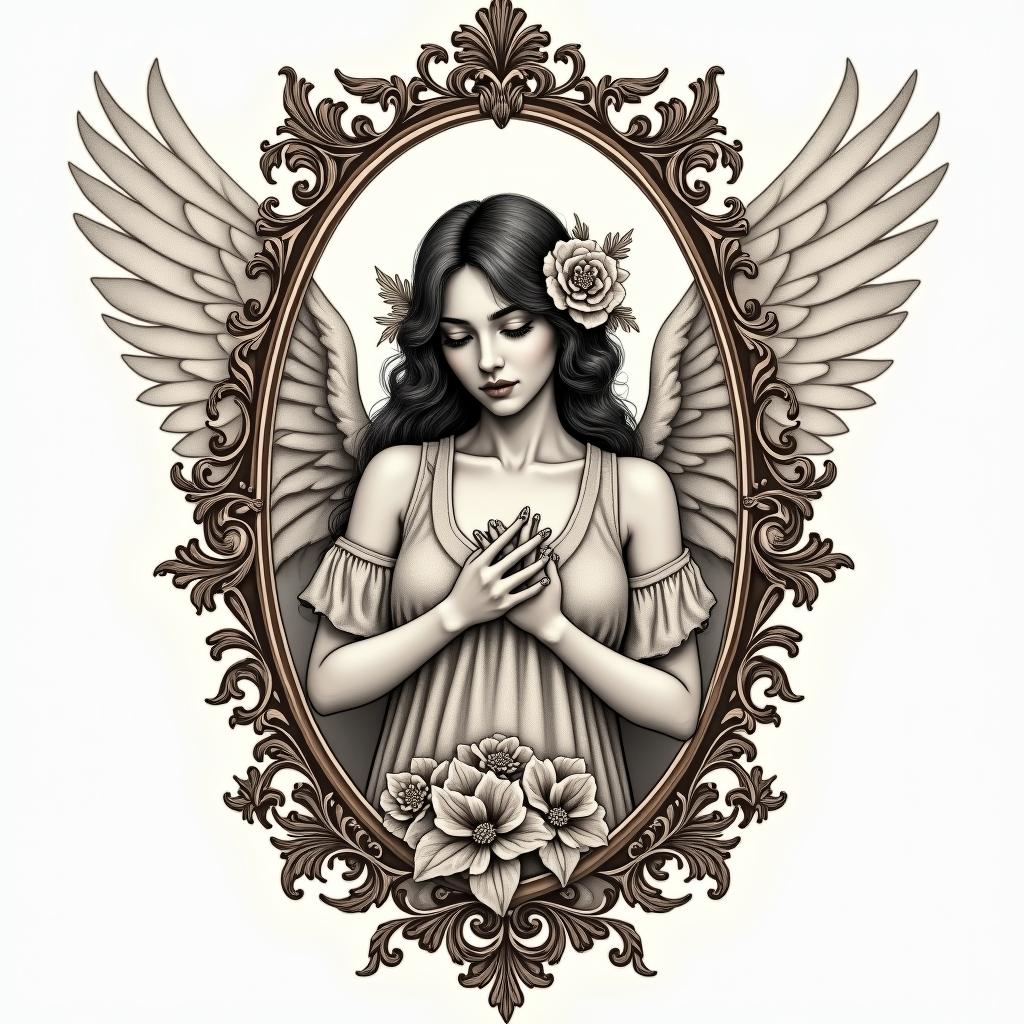 Angelin victorian style tattoo, featuring vintage and elegant elements, ornate frames, roses, antique, sepia-toned color scheme - Variation 3