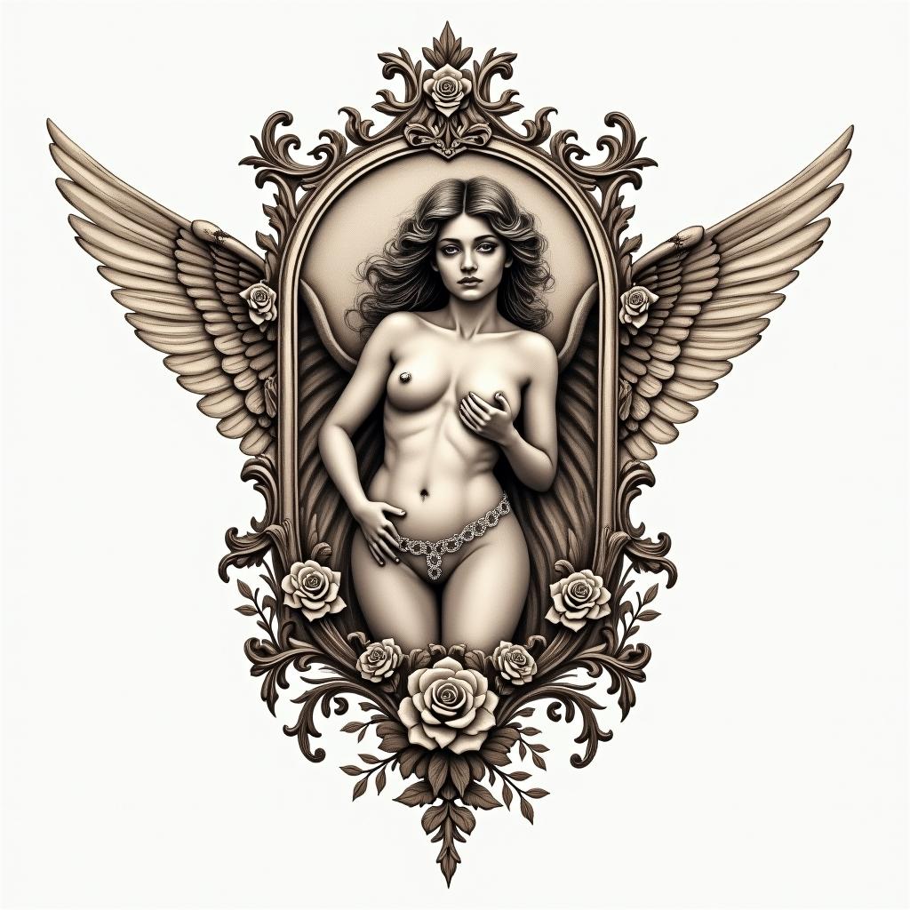 Angelin victorian style tattoo, featuring vintage and elegant elements, ornate frames, roses, antique, sepia-toned color scheme