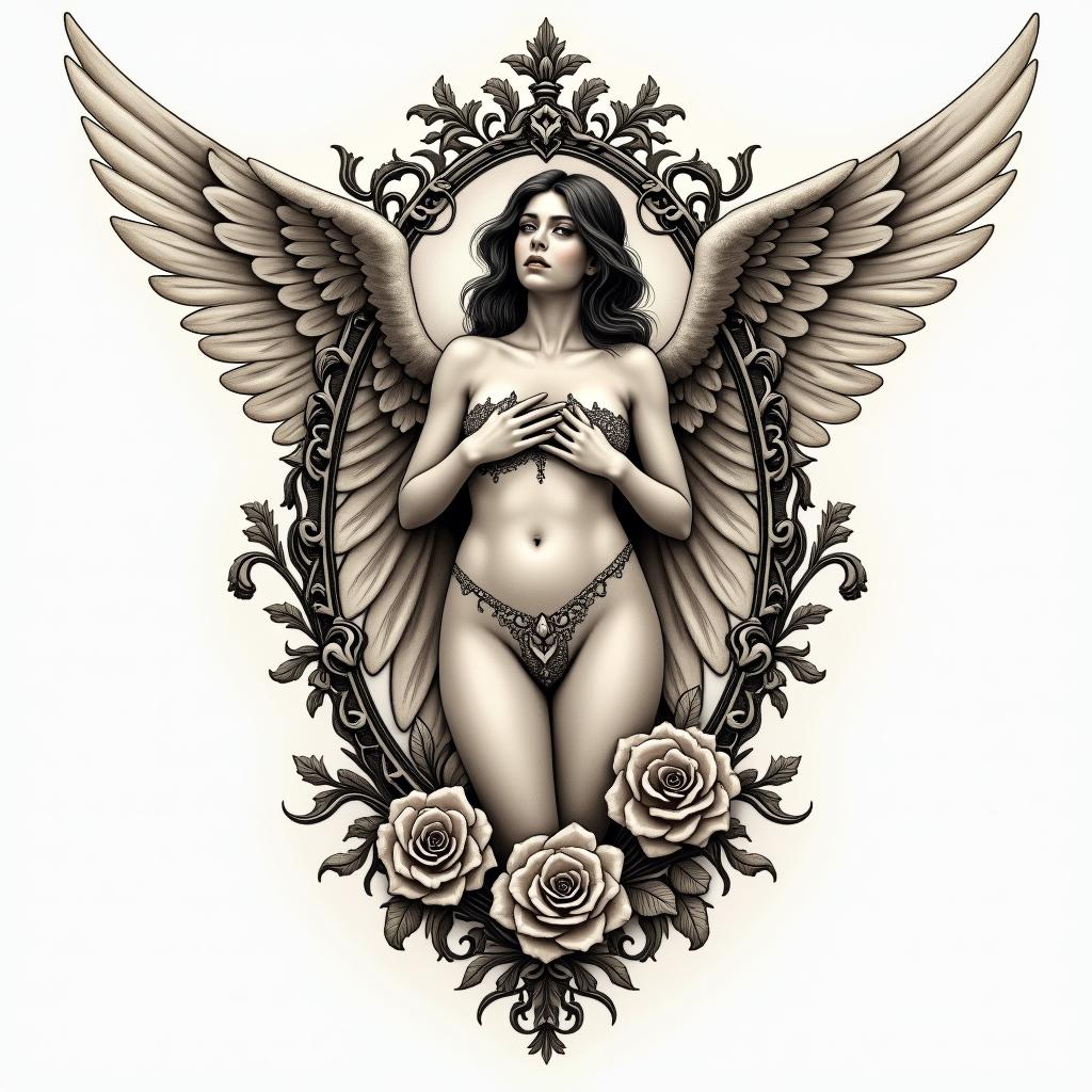 Angelin victorian style tattoo, featuring vintage and elegant elements, ornate frames, roses, antique, sepia-toned color scheme - Variation 2