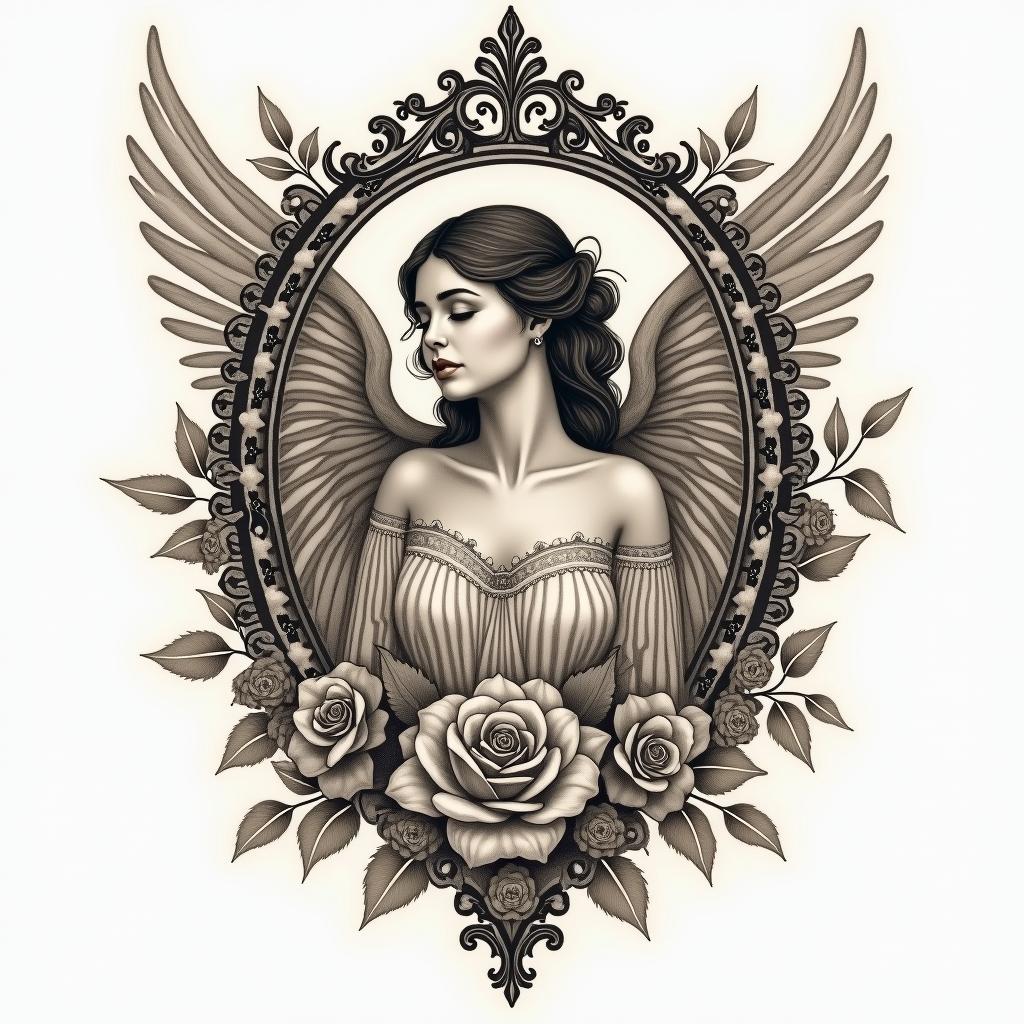 Angelin victorian style tattoo, featuring vintage and elegant elements, ornate frames, roses, antique, sepia-toned color scheme - Variation 4