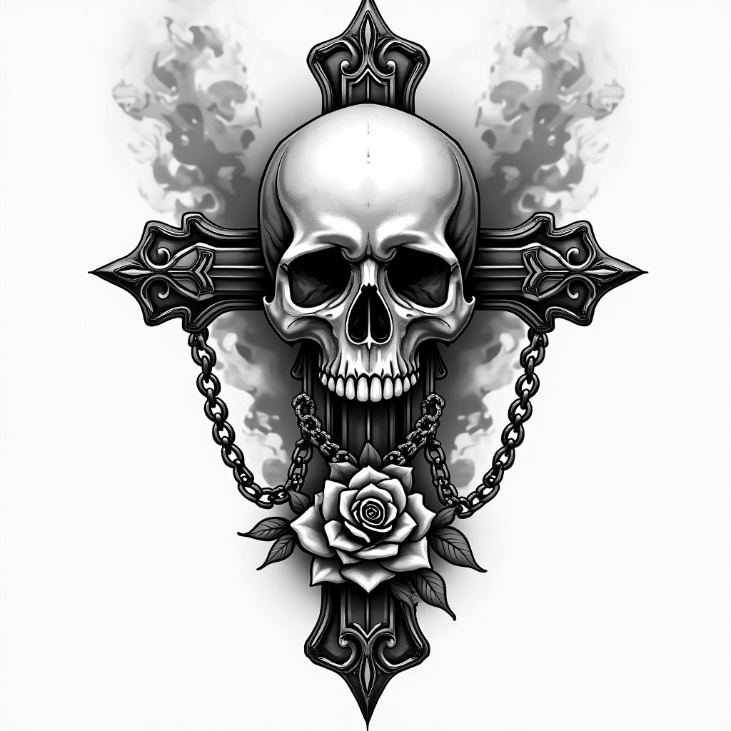 Skull with smokein chicano style tattoo, featuring intricate black and grey shading, bold elements of traditional chicano culture symbols, add a big cross with skull, chains and roses - Variation 2