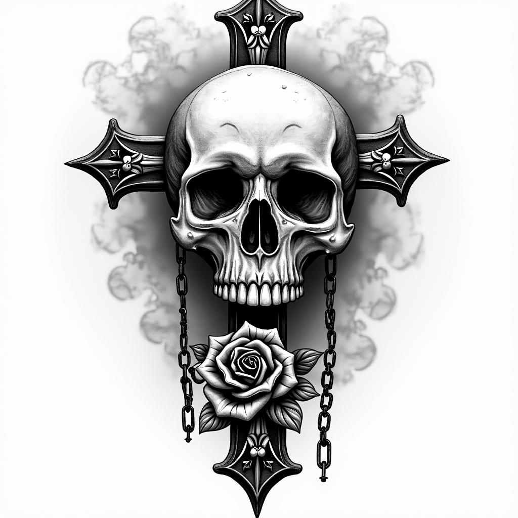Skull with smokein chicano style tattoo, featuring intricate black and grey shading, bold elements of traditional chicano culture symbols, add a big cross with skull, chains and roses
