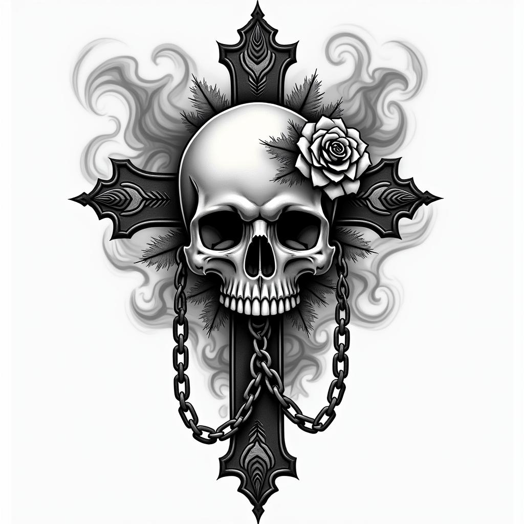 Skull with smokein chicano style tattoo, featuring intricate black and grey shading, bold elements of traditional chicano culture symbols, add a big cross with skull, chains and roses - Variation 4
