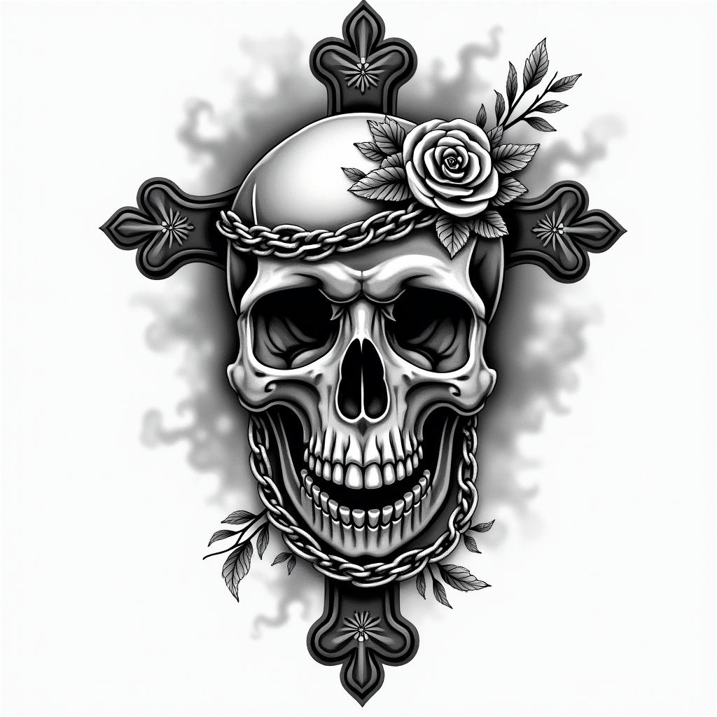 Skull with smokein chicano style tattoo, featuring intricate black and grey shading, bold elements of traditional chicano culture symbols, add a big cross with skull, chains and roses - Variation 3