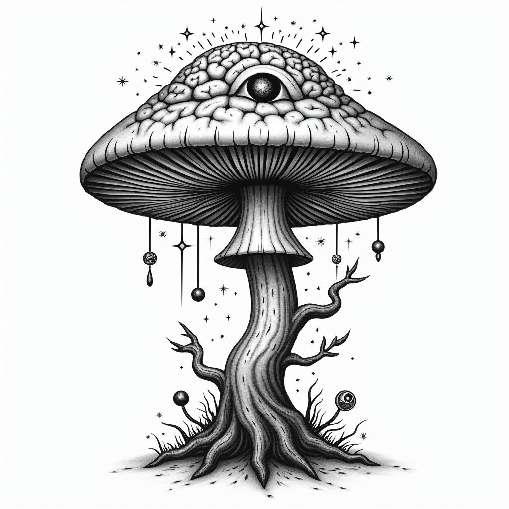 Magic mushroom tree with a brain with one in in the centre of the brainin prophecy tattoo style, featuring mystical symbols, celestial imagery like stars, moons, suns, geometric patterns, foretelling elements, an eye of wisdom - Variation 4