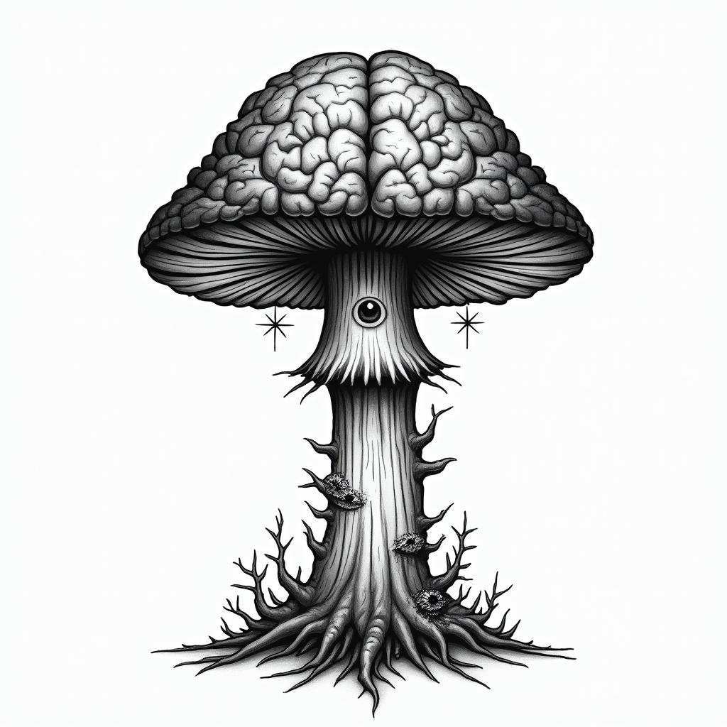 Magic mushroom tree with a brain with one in in the centre of the brainin prophecy tattoo style, featuring mystical symbols, celestial imagery like stars, moons, suns, geometric patterns, foretelling elements, an eye of wisdom
