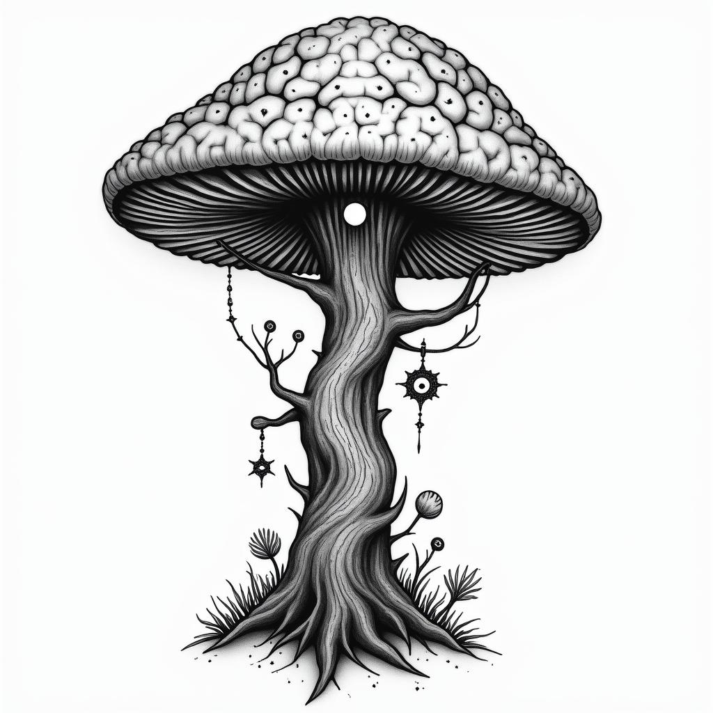 Magic mushroom tree with a brain with one in in the centre of the brainin prophecy tattoo style, featuring mystical symbols, celestial imagery like stars, moons, suns, geometric patterns, foretelling elements, an eye of wisdom - Variation 3