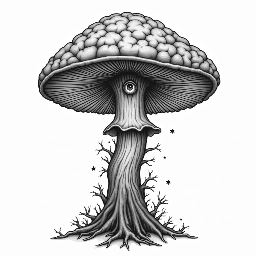 Magic mushroom tree with a brain with one in in the centre of the brainin prophecy tattoo style, featuring mystical symbols, celestial imagery like stars, moons, suns, geometric patterns, foretelling elements, an eye of wisdom - Variation 2