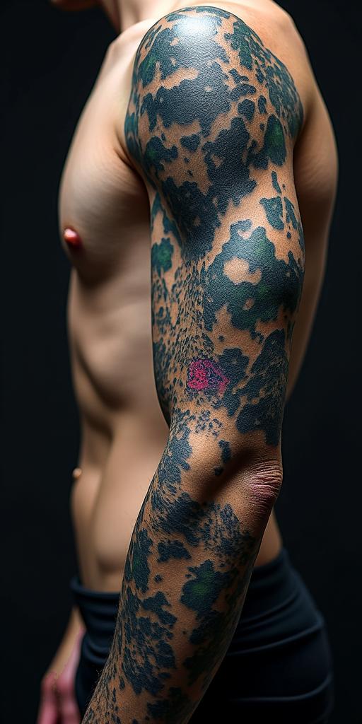 Sasquatch,forestin distorted and fragmented tattoo design, featuring a classical statue bust, in a glitch art style with vibrant, overlapping colors of cyan, magenta, and yellow, creating a digital distortion effect - Variation 3