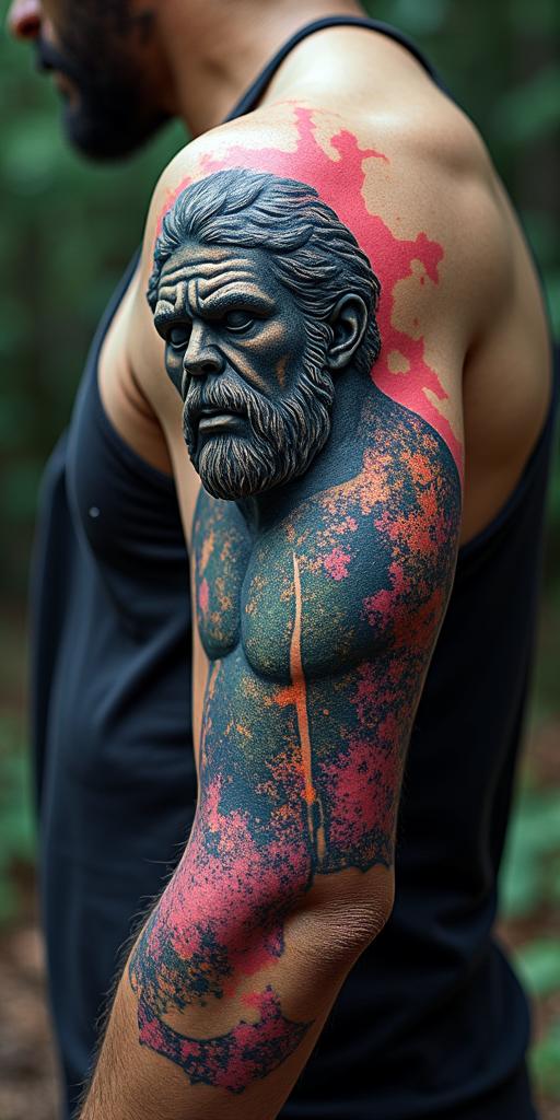 Sasquatch,forestin distorted and fragmented tattoo design, featuring a classical statue bust, in a glitch art style with vibrant, overlapping colors of cyan, magenta, and yellow, creating a digital distortion effect