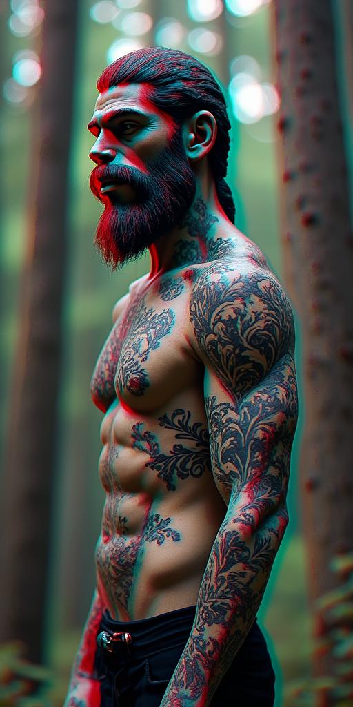 Sasquatch,forestin distorted and fragmented tattoo design, featuring a classical statue bust, in a glitch art style with vibrant, overlapping colors of cyan, magenta, and yellow, creating a digital distortion effect - Variation 2