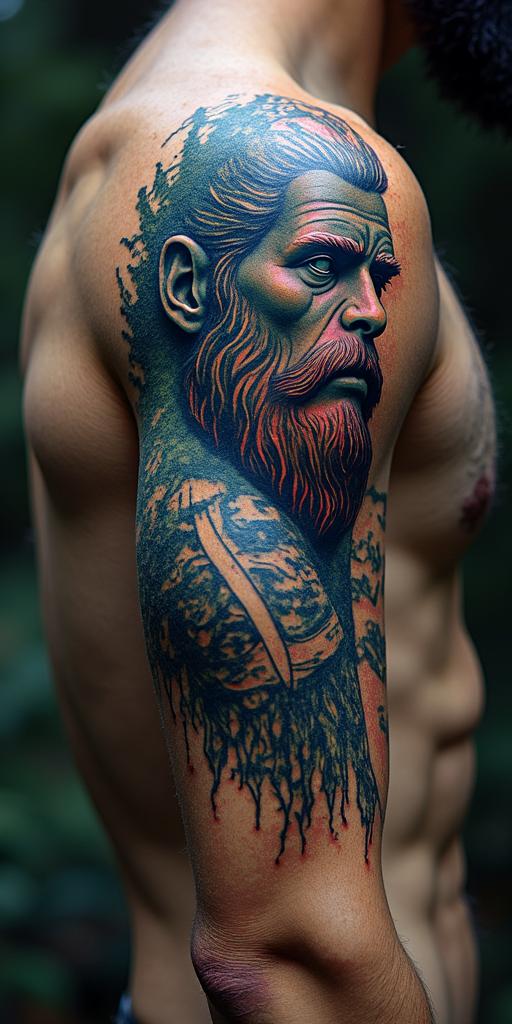 Sasquatch,forestin distorted and fragmented tattoo design, featuring a classical statue bust, in a glitch art style with vibrant, overlapping colors of cyan, magenta, and yellow, creating a digital distortion effect - Variation 4