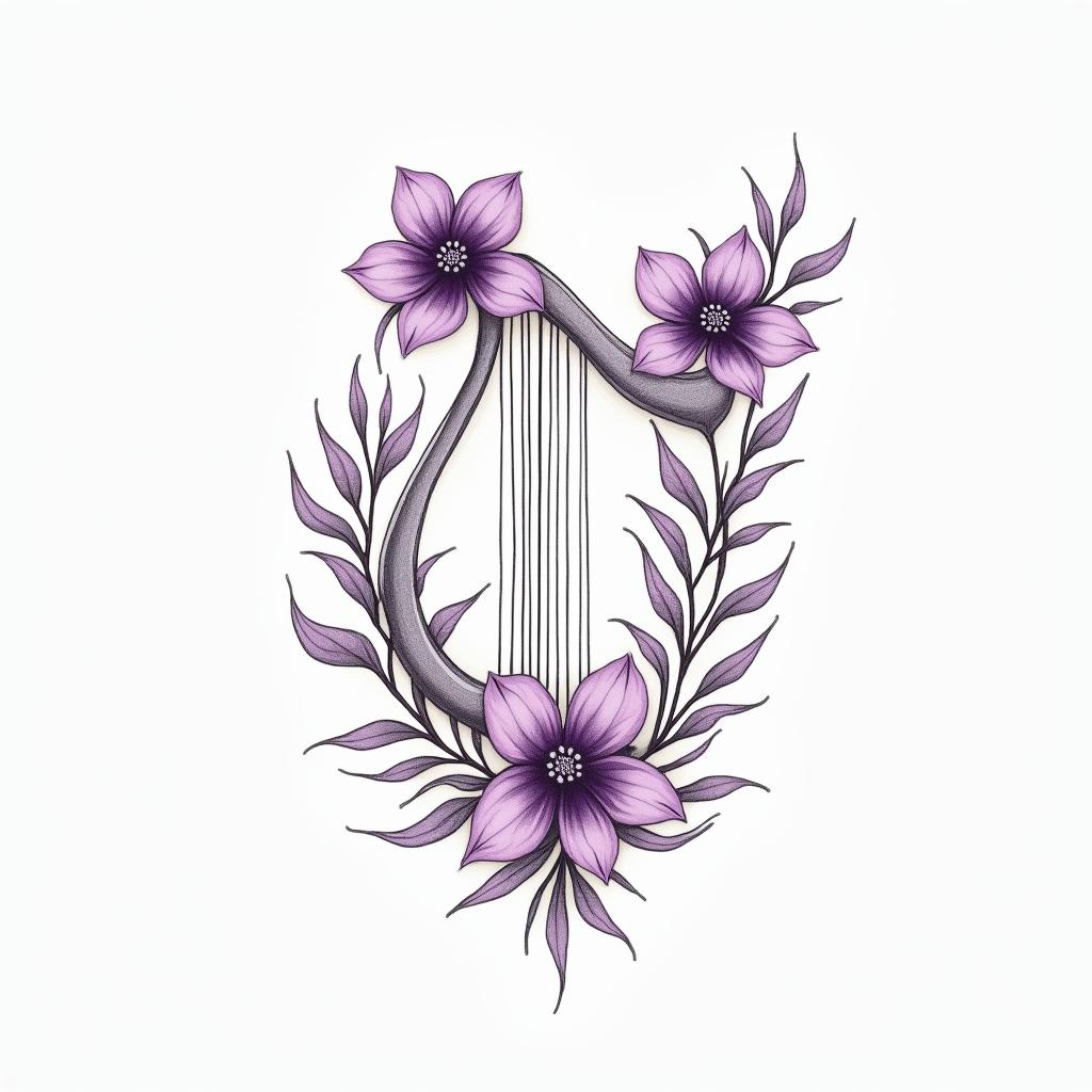 Delicate purple violet flowers on a Harpin Modest style tattoo, featuring soft, delicate line work with simple and meaningful symbols, gentle waves, a heart, evoking a sense of serenity and grace, - Variation 3