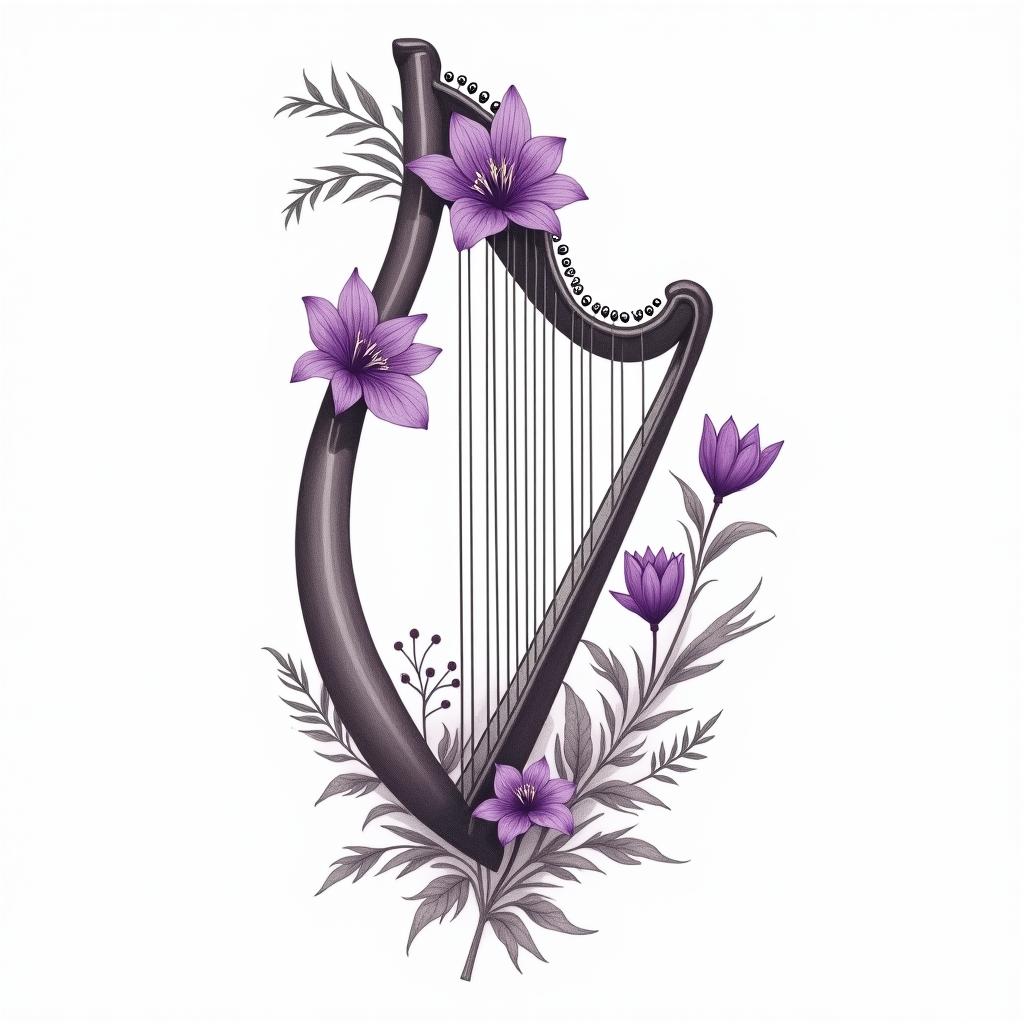 Delicate purple violet flowers on a Harpin Modest style tattoo, featuring soft, delicate line work with simple and meaningful symbols, gentle waves, a heart, evoking a sense of serenity and grace, - Variation 1