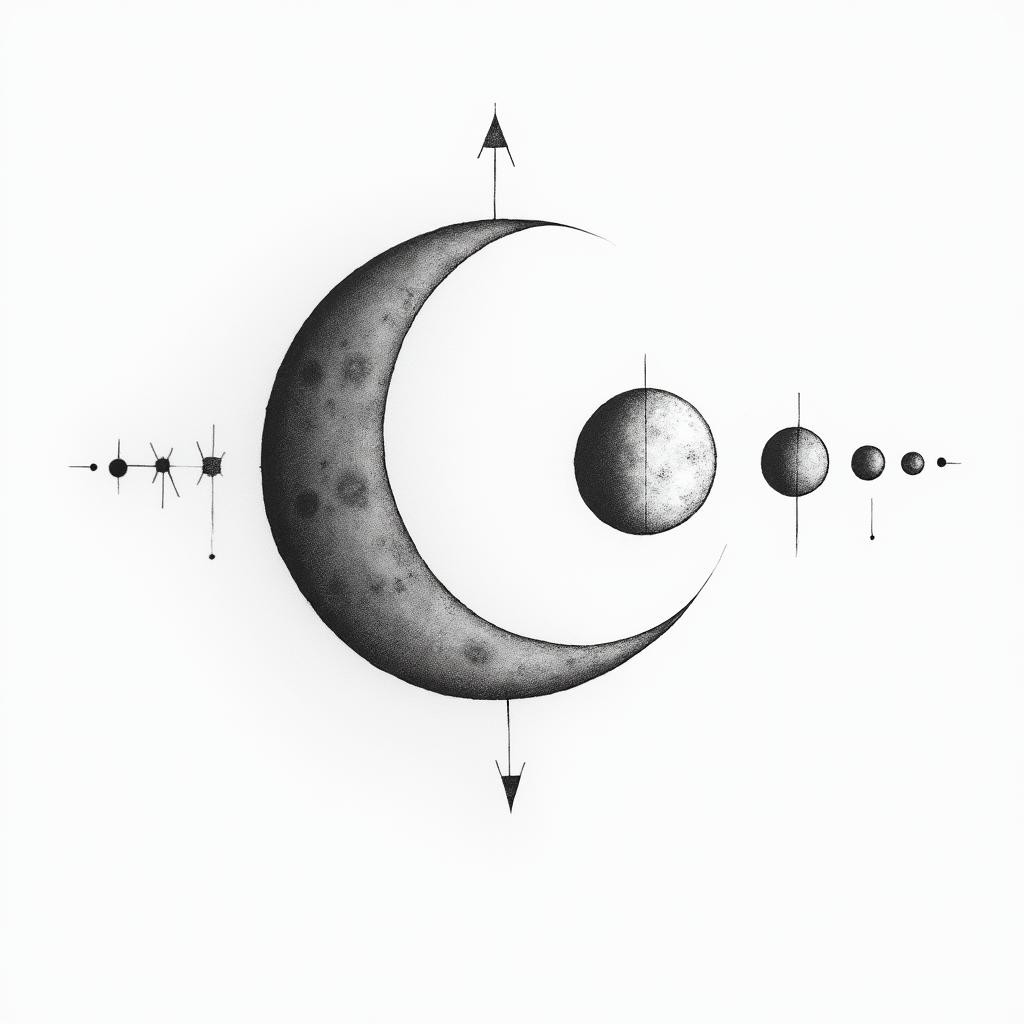 Phases of the moonin minimalist style tattoo, featuring simple shapes and fine lines, with minimal shading and details, tiny triangles, creating a sense of balance and harmony - Variation 3