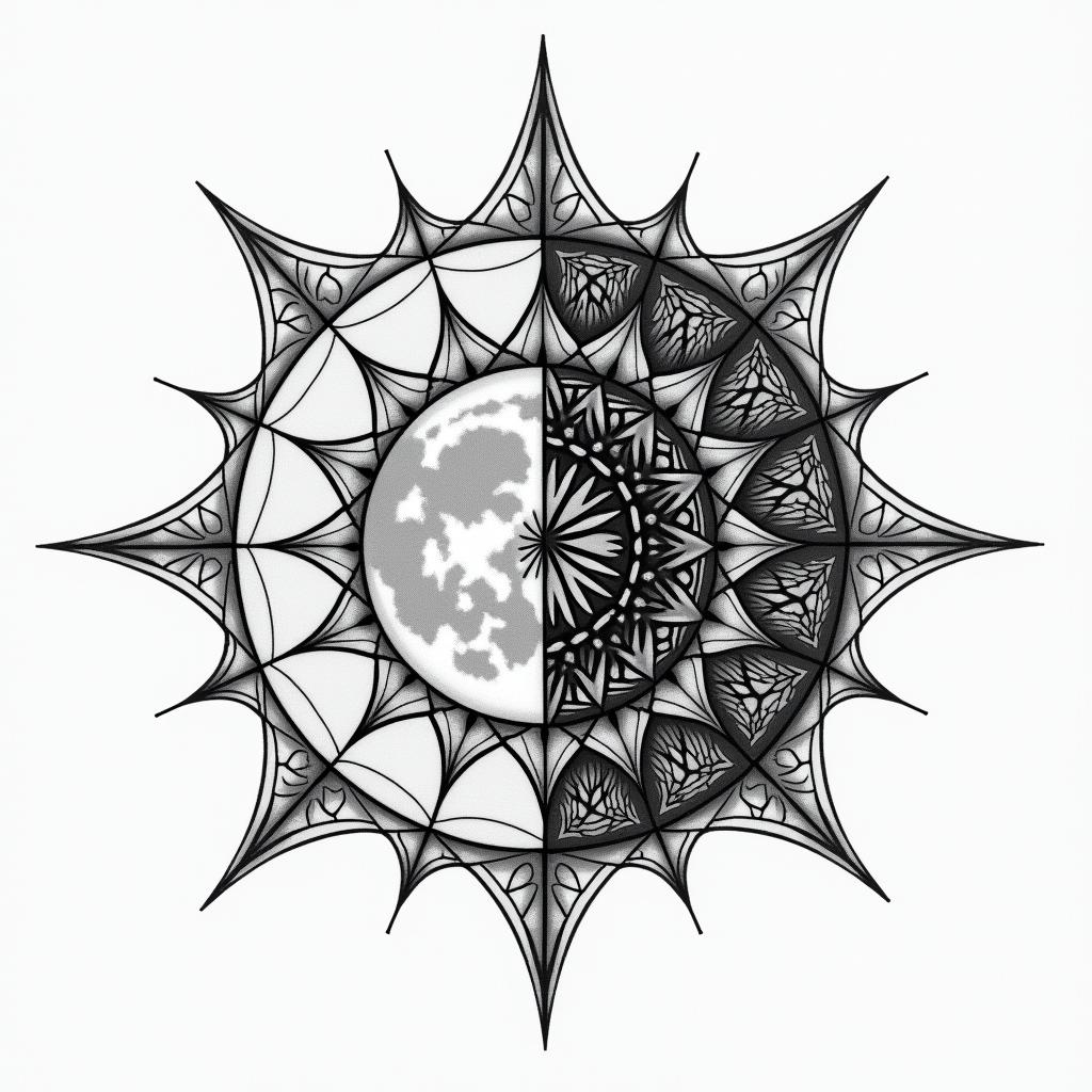 Phases of the moon in geometric style tattoo, blending hexagons, mandala-inspired patterns, symmetrical and fractal design, clean lines, sharp angles - Variation 4