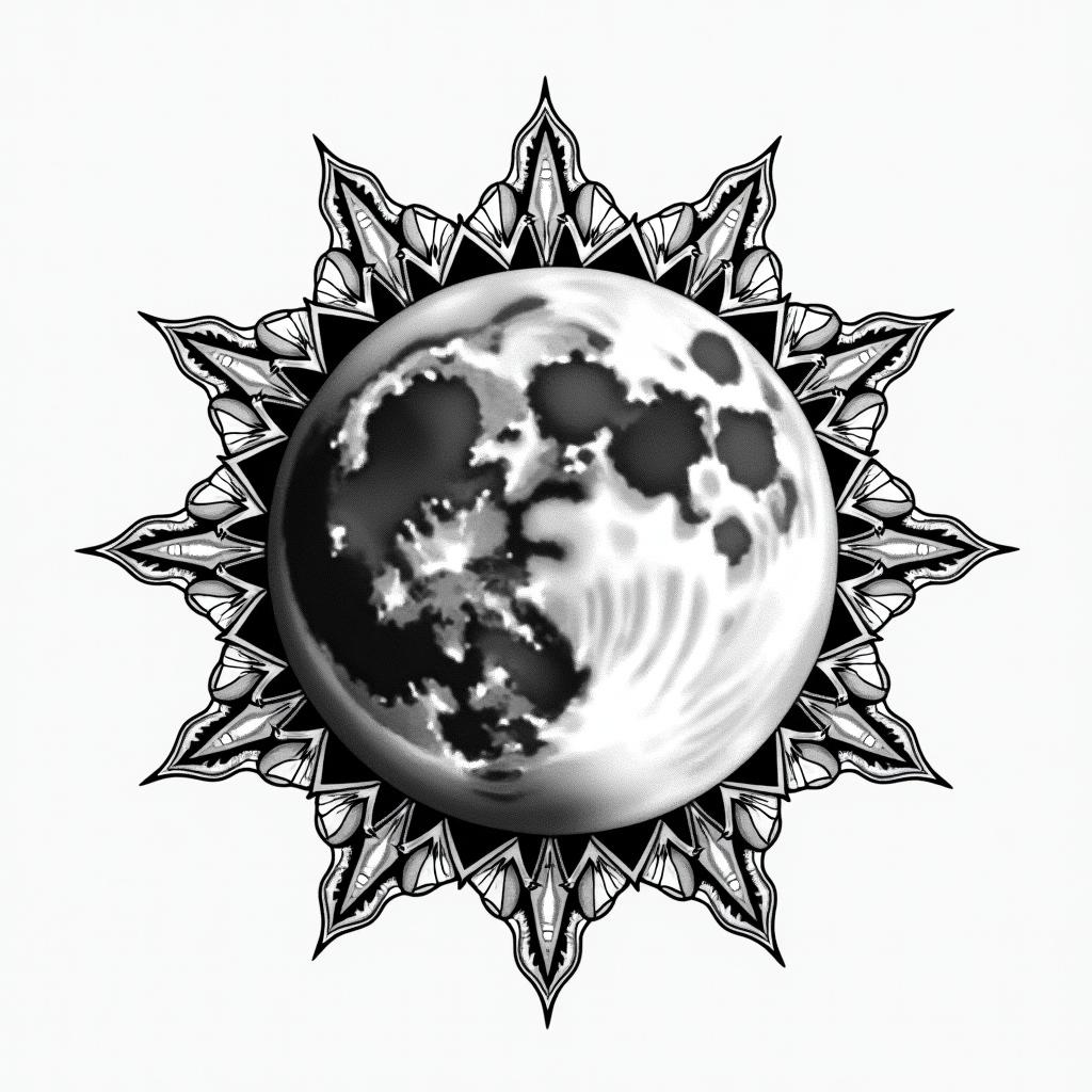 Phases of the moon in geometric style tattoo, blending hexagons, mandala-inspired patterns, symmetrical and fractal design, clean lines, sharp angles - Variation 2