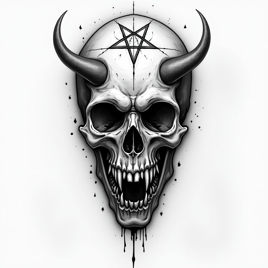 Valentinacreepy horror tattoo style, featuring an eerie and unsettling skull of a demonic creature, distorted face with sharp fangs, add pentagram symbol