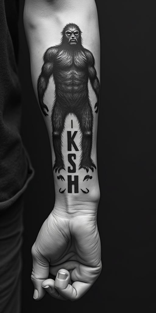 Sasquatch,foresttext-based tattoo, gothic font ultra-realistic, perfectly placed, high-quality font design, photo-realistic shading, 8k, high quality, finely detailed typography - Variation 3