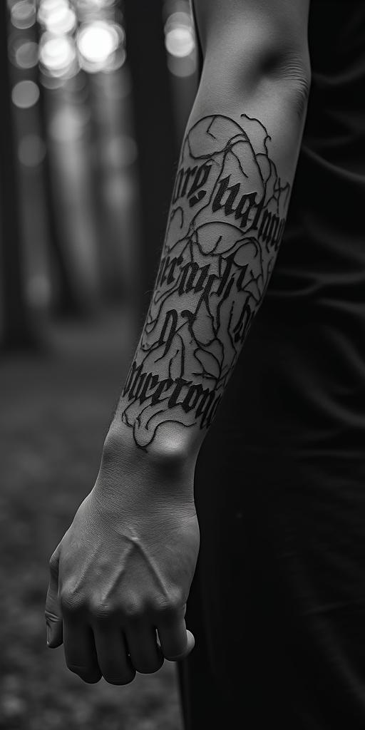 Sasquatch,foresttext-based tattoo, gothic font ultra-realistic, perfectly placed, high-quality font design, photo-realistic shading, 8k, high quality, finely detailed typography