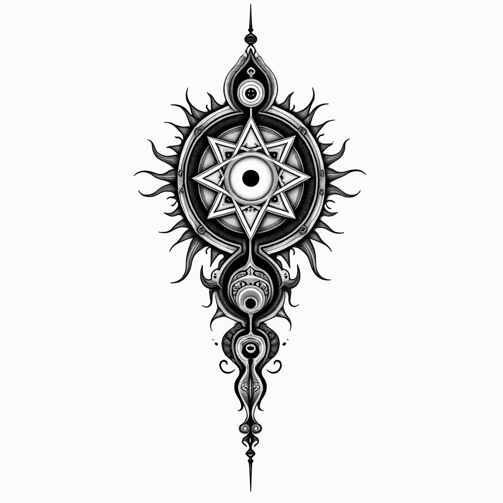 Shawn, Sagittarius, Texasin spiritual symbols tattoo style, featuring an intricate design incorporating elements, Hamsa hand, third eye, minimalist composition - Variation 4