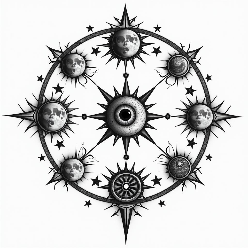 Phases of the moonin prophecy tattoo style, featuring mystical symbols, celestial imagery like stars, moons, suns, geometric patterns, foretelling elements, an eye of wisdom - Variation 2