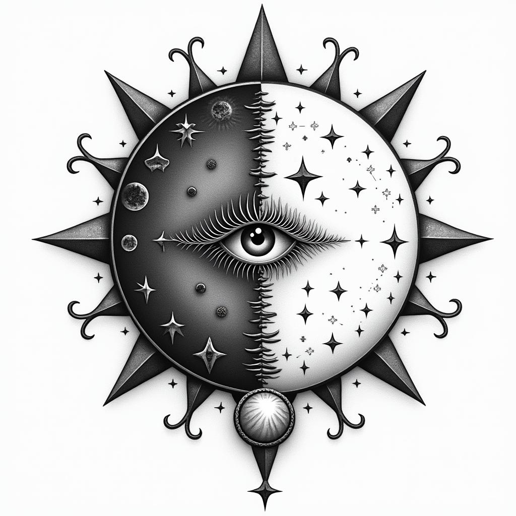 Phases of the moonin prophecy tattoo style, featuring mystical symbols, celestial imagery like stars, moons, suns, geometric patterns, foretelling elements, an eye of wisdom - Variation 3