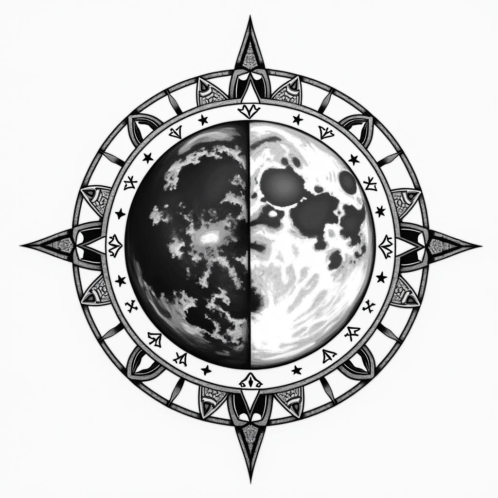 Phases of the moonin prophecy tattoo style, featuring mystical symbols, celestial imagery like stars, moons, suns, geometric patterns, foretelling elements, an eye of wisdom