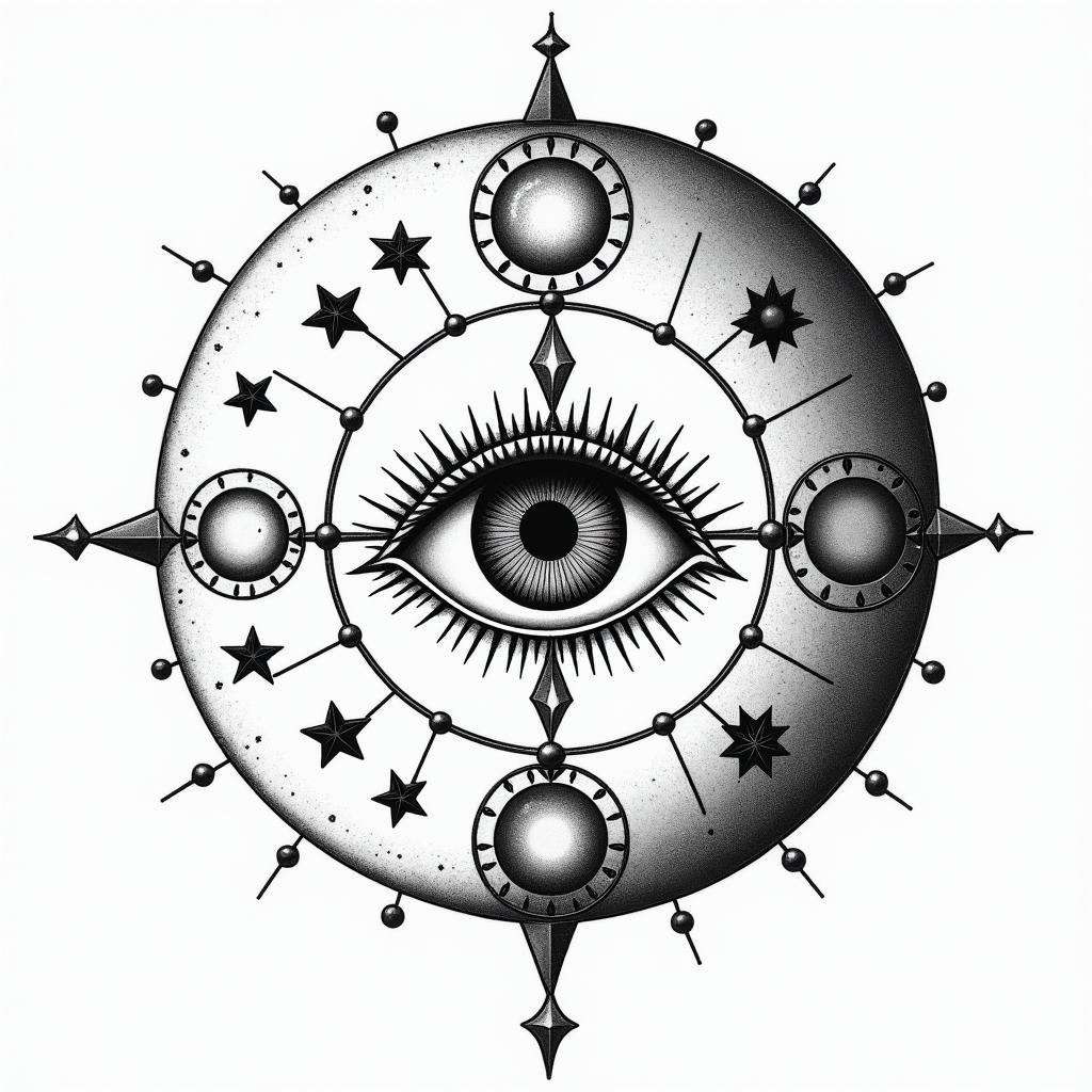 Phases of the moonin prophecy tattoo style, featuring mystical symbols, celestial imagery like stars, moons, suns, geometric patterns, foretelling elements, an eye of wisdom - Variation 4