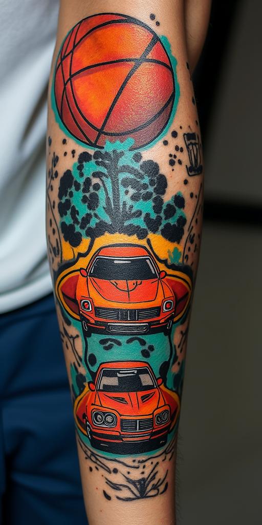 Graffiti art stretched along my inner forearm of basketball, money, and carsin pop art style tattoo, featuring bold and vibrant colors, exaggerated outlines, iconic imagery, inspired by comic books and speech bubbles, comic book characters, retro pop culture - Variation 4