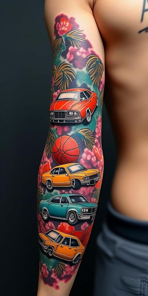Graffiti art stretched along my inner forearm of basketball, money, and carsin pop art style tattoo, featuring bold and vibrant colors, exaggerated outlines, iconic imagery, inspired by comic books and speech bubbles, comic book characters, retro pop culture