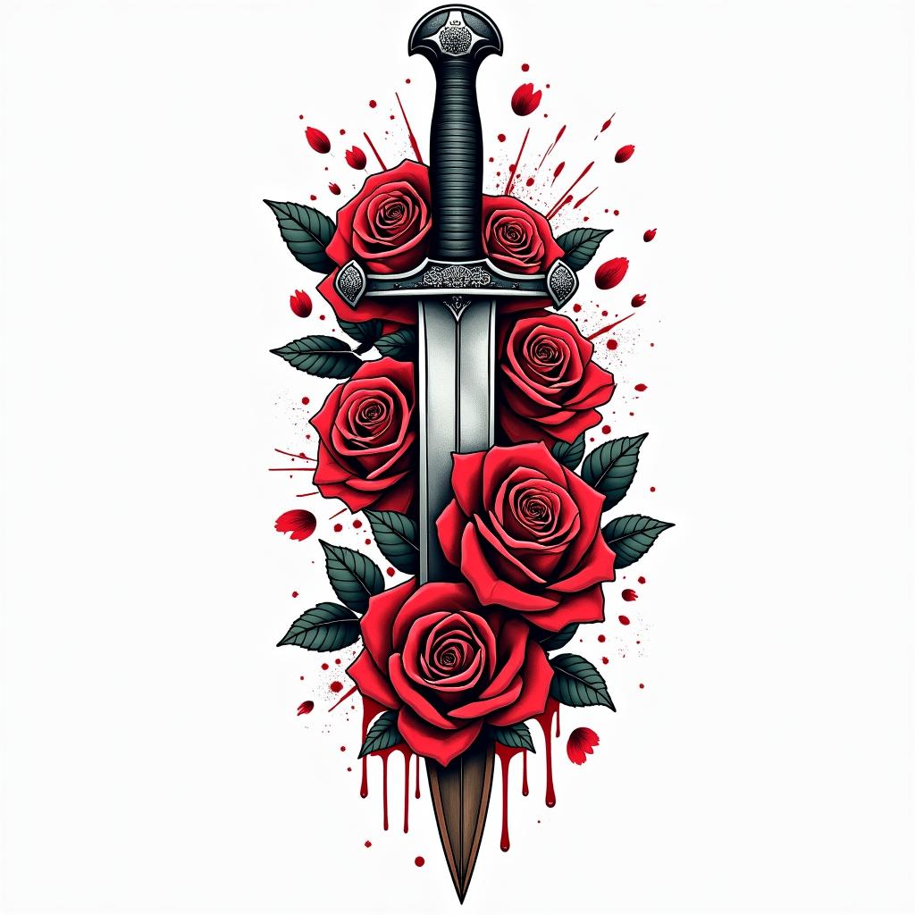 Assassins blade wrapped in roses and covered in blood.in pop art style tattoo, featuring bold and vibrant colors, exaggerated outlines, iconic imagery, inspired by comic books and speech bubbles, comic book characters, retro pop culture - Variation 4
