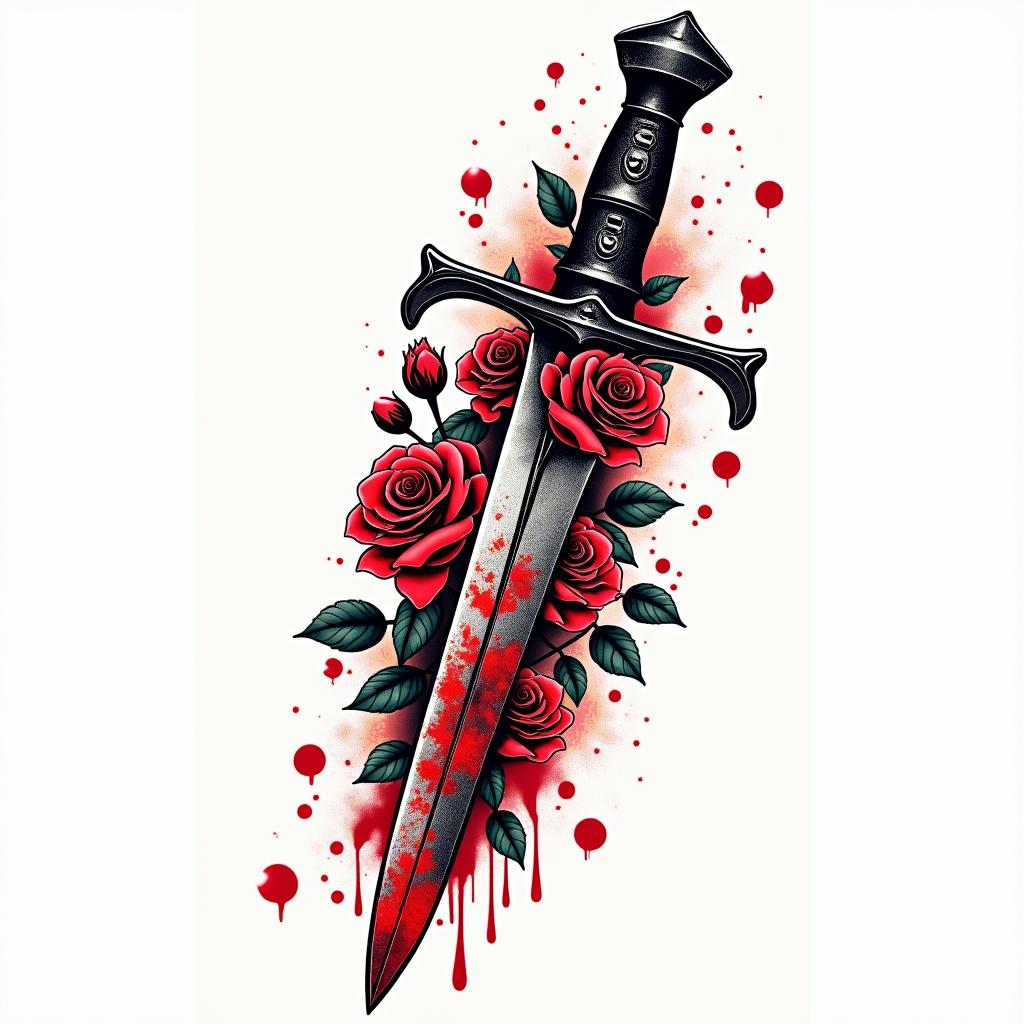 Assassins blade wrapped in roses and covered in blood.in pop art style tattoo, featuring bold and vibrant colors, exaggerated outlines, iconic imagery, inspired by comic books and speech bubbles, comic book characters, retro pop culture - Variation 3