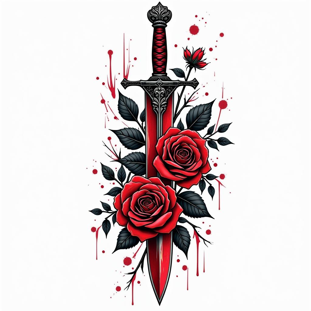 Assassins blade wrapped in roses and covered in blood.in pop art style tattoo, featuring bold and vibrant colors, exaggerated outlines, iconic imagery, inspired by comic books and speech bubbles, comic book characters, retro pop culture - Variation 2