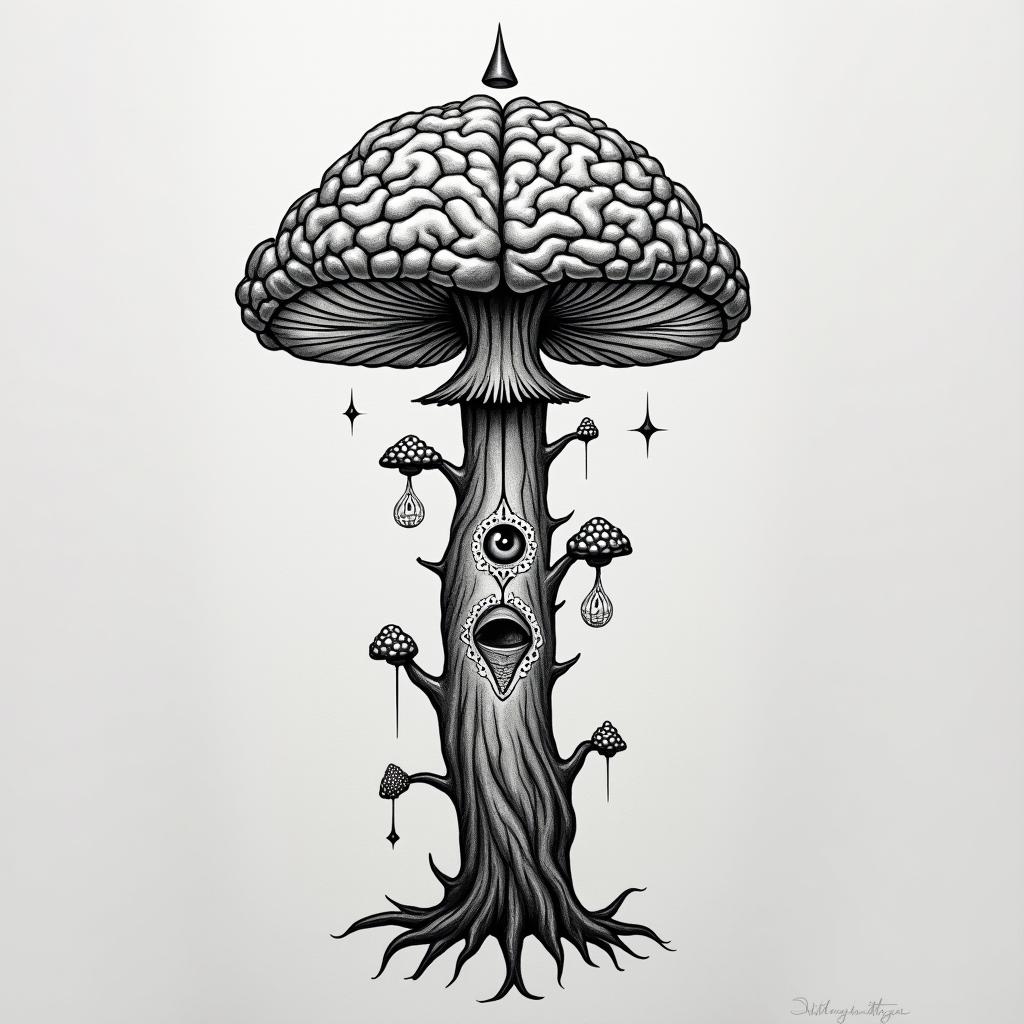 Magic mushroom tree with a brain with one in in the centre of the brain arm tattooin spiritual symbols tattoo style, featuring an intricate design incorporating elements, Hamsa hand, third eye, minimalist composition - Variation 3
