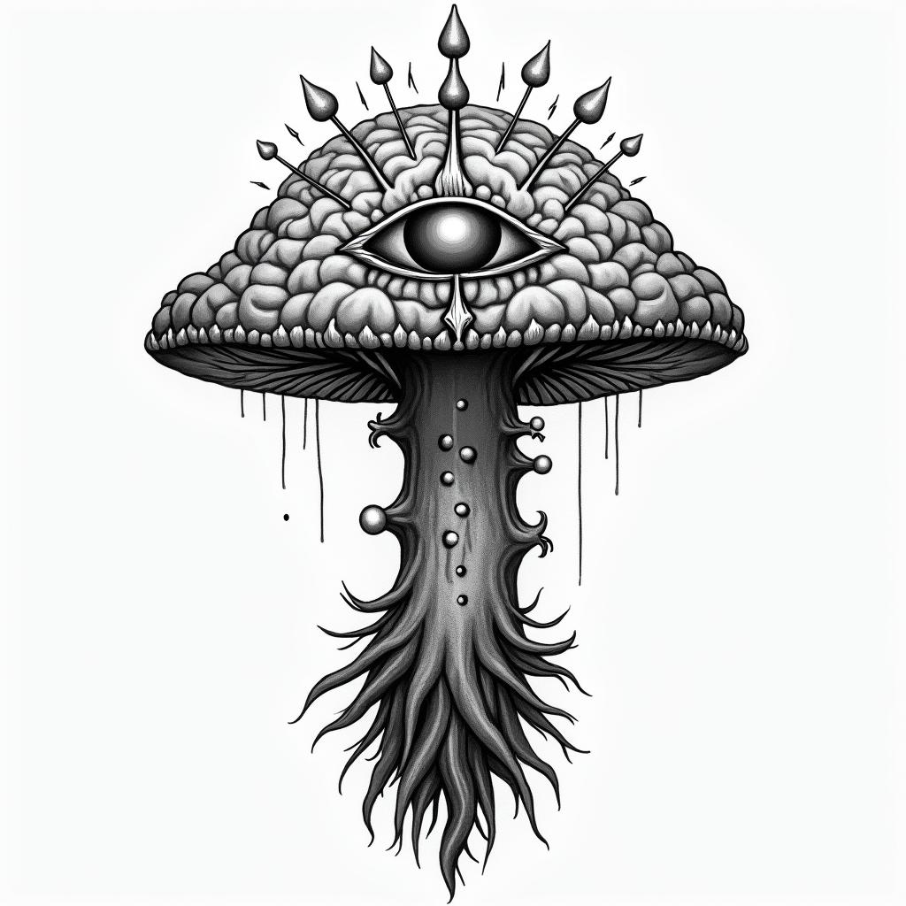 Magic mushroom tree with a brain with one in in the centre of the brain arm tattooin spiritual symbols tattoo style, featuring an intricate design incorporating elements, Hamsa hand, third eye, minimalist composition - Variation 4