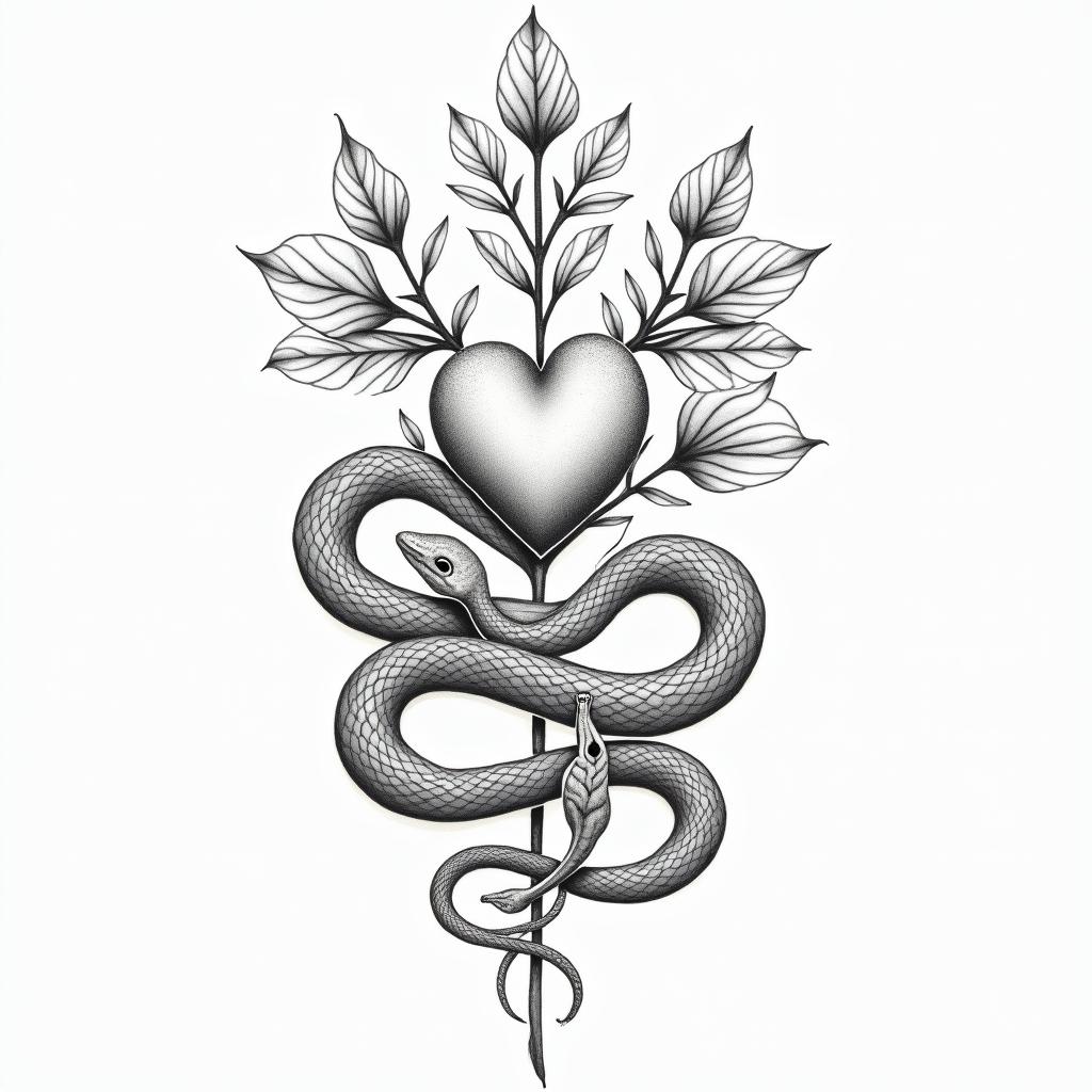 Flowers and snakesin Modest style tattoo, featuring soft, delicate line work with simple and meaningful symbols, gentle waves, a heart, evoking a sense of serenity and grace, - Variation 8