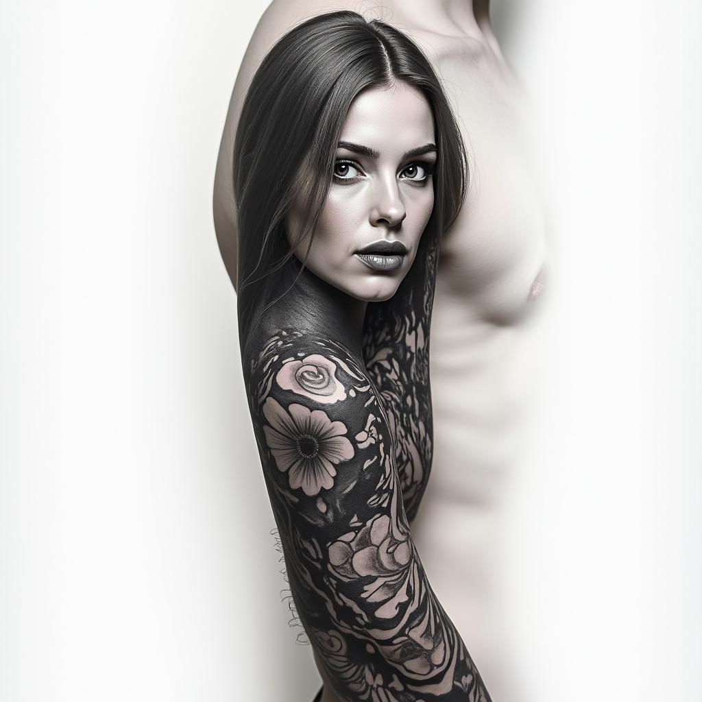 Tattoo sleevein portrait tattoo style, featuring a highly realistic and detailed depiction  - Variation 3