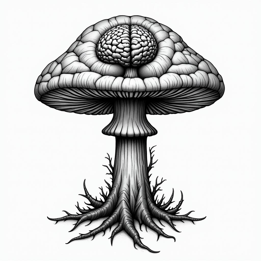 Magic mushroom tree with a brain with one in in the centre of the brain arm tattoo in geometric style tattoo, blending hexagons, mandala-inspired patterns, symmetrical and fractal design, clean lines, sharp angles - Variation 4