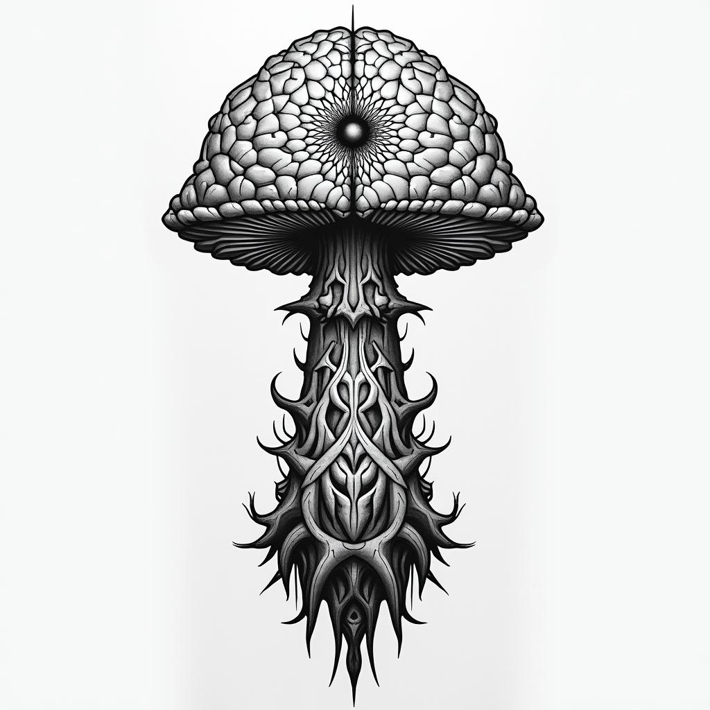 Magic mushroom tree with a brain with one in in the centre of the brain arm tattoo in geometric style tattoo, blending hexagons, mandala-inspired patterns, symmetrical and fractal design, clean lines, sharp angles - Variation 2