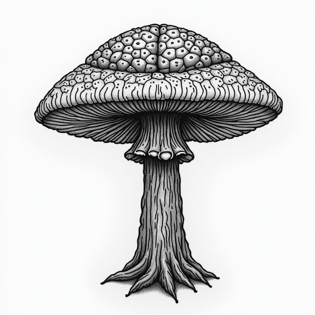 Magic mushroom tree with a brain with one in in the centre of the brain arm tattoo in geometric style tattoo, blending hexagons, mandala-inspired patterns, symmetrical and fractal design, clean lines, sharp angles - Variation 3
