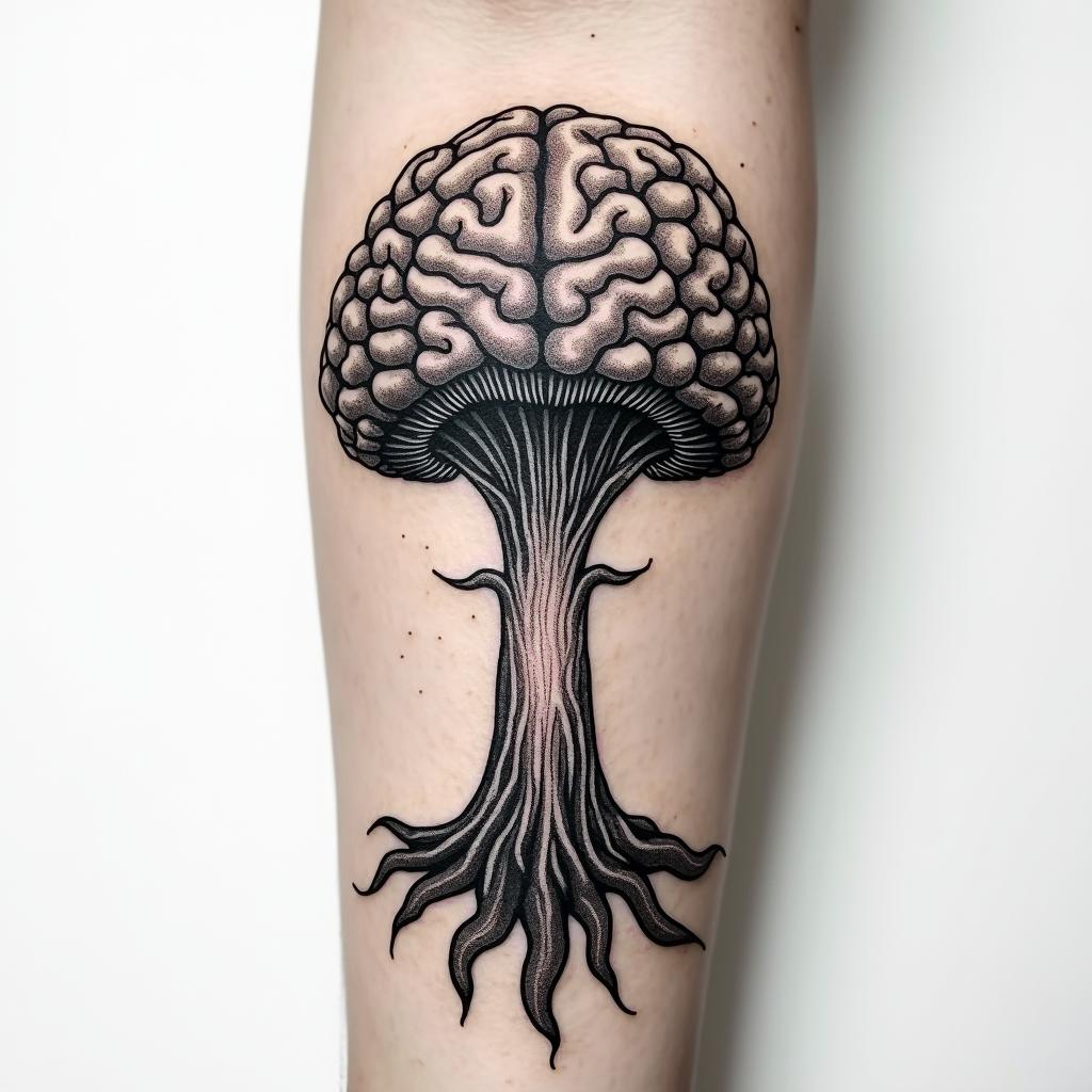 Magic mushroom tree with a brain with one in in the centre of the brain arm tattoo in geometric style tattoo, blending hexagons, mandala-inspired patterns, symmetrical and fractal design, clean lines, sharp angles