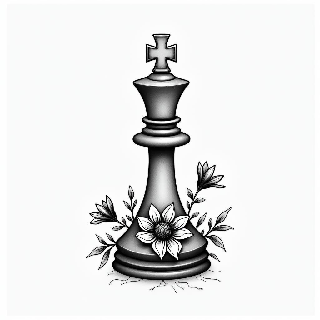 Queen chess piece with flowersin Modest style tattoo, featuring soft, delicate line work with simple and meaningful symbols, gentle waves, a heart, evoking a sense of serenity and grace, - Variation 2