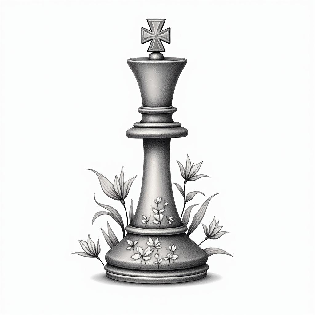 Queen chess piece with flowersin Modest style tattoo, featuring soft, delicate line work with simple and meaningful symbols, gentle waves, a heart, evoking a sense of serenity and grace, - Variation 4